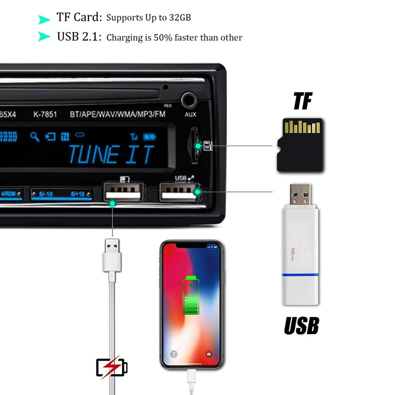 Автомобильный MP3 автомобильный радиоприемник проигрыватель 1 DIN 2.1A двойной USB быстрая зарядка Bluetooth Handsfree цифровой медиаплеер 4X65W fm-радио поддерживает IOS an