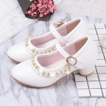 

Princess Kids High Heels Shoes Kids Dress Party Leather Shoes Baby Girls Children's White Shoes Enfants Wedding for Girl