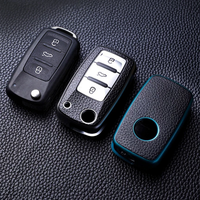 Leather Car Key Case Full Cover Protection Bag for VW Volkswagen Polo Tiguan Passat Golf Jetta Lavida Skoda Octavia key case