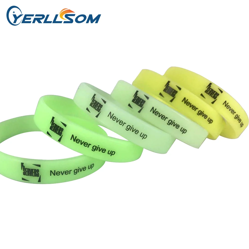 

YERLLSOM 200PCS/lot Custom Print Text&Logo Silicone Wristband Glow Green Rubber Silicone Wristband For Events YS19080204