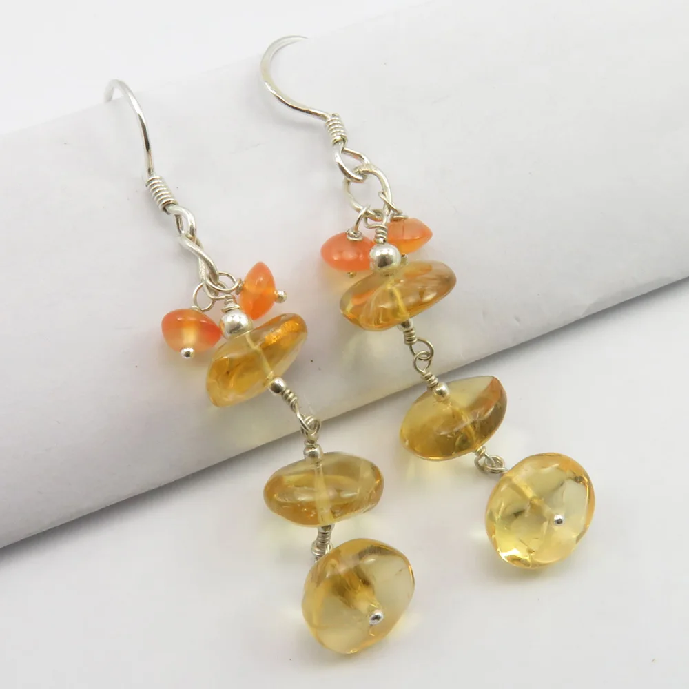 

Silver Citrine, Carnelian Beads Earrings 2.0" 5.1 Grams Bijoux