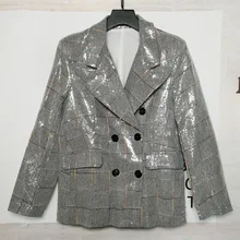 Индивидуальное клетчатое Женское пальто с блестками, Осень-зима, воротник с лацканами, длинный рукав, тонкое Свободное пальто, модное блестящее офисное пальто