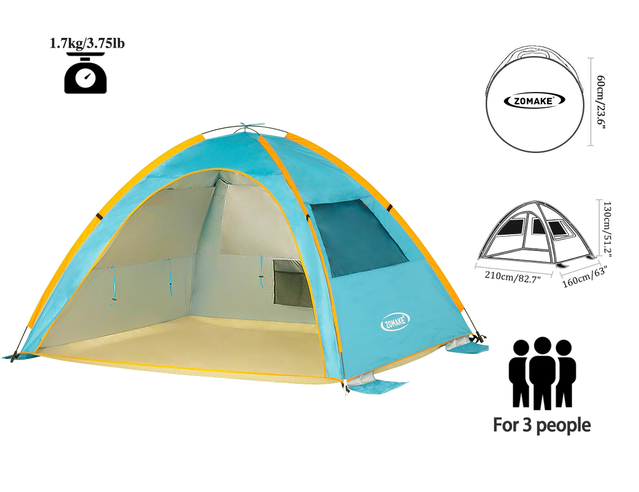 Zomake Pop Up Beach Tent 2-3 Person 