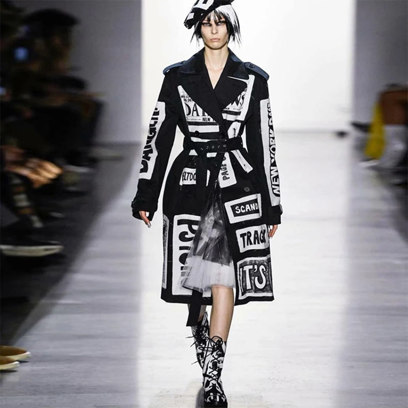 

2021 Fall Fashion Black White Letters Print Long Sleeve Windproof Women Jacket Coat with Belt Casual Long Trench Outwear 90108