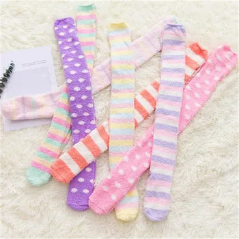 

New Winter Long Tube Coral Fleece Ladies Over The Knee Stockings Thickening Warm Sleep Towel Stripes Comfortable Floor Stockings