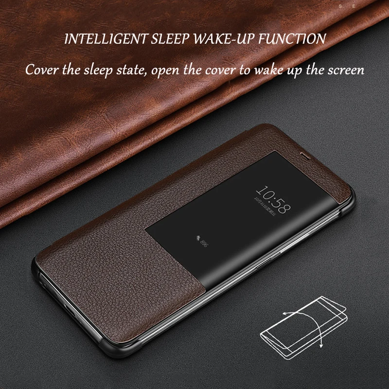 Чехол Coque Mate20 Pro с умным окошком для просмотра пары простой модный кожаный