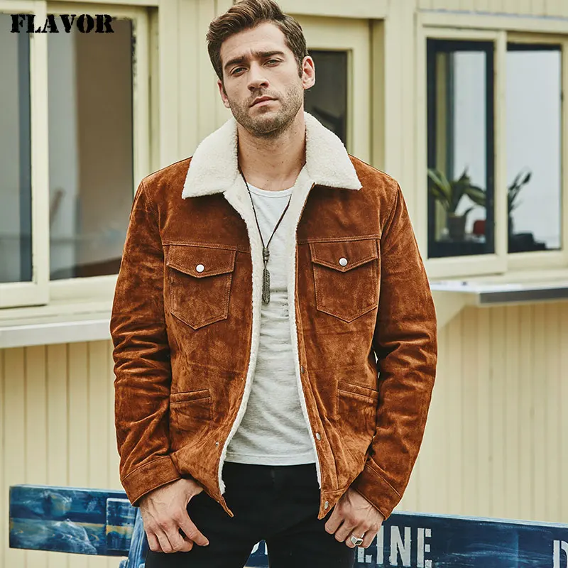 FLAVOR New Мужская куртка из натуральной кожи с искусственной овчиной теплое пальто