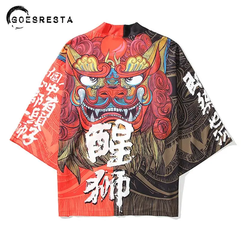 

Japanese Kanji Lion Printed Kimono Women Harajuku Hip Hop Fashion Casual Streetwear Jacket Summer Loose Cardigan Kimono Men