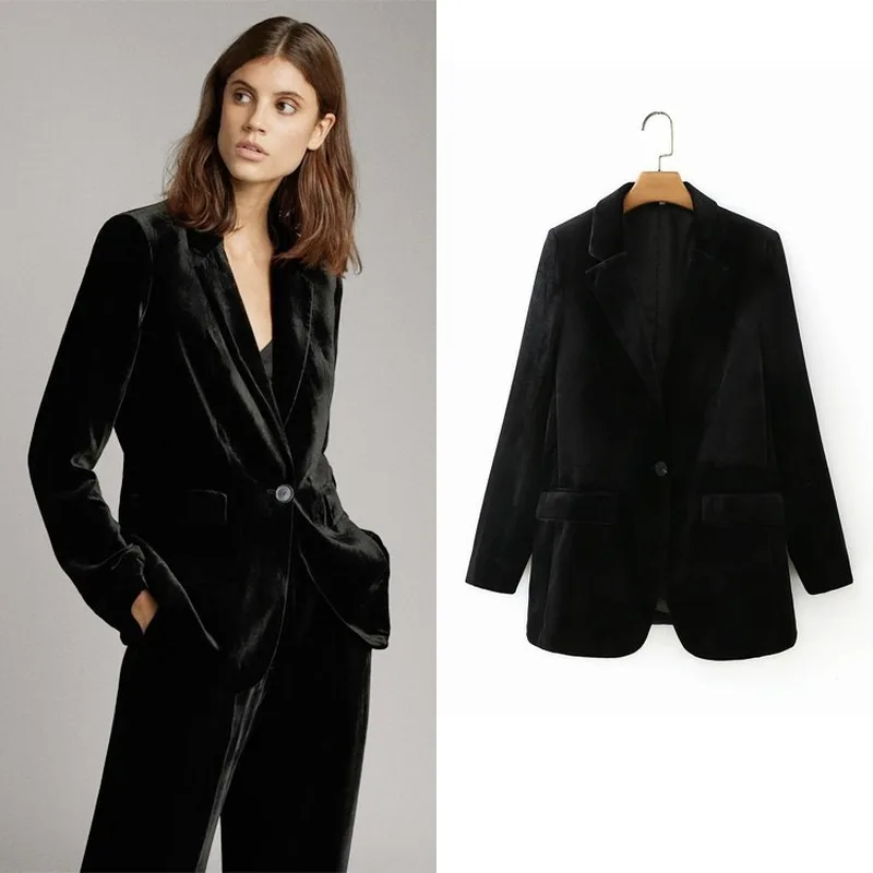 

Черный бархатный блейзер на одной пуговице для зрелых женщин, офисный Повседневный Блейзер, новый модный темпераментный костюм, деловая одежда для работы