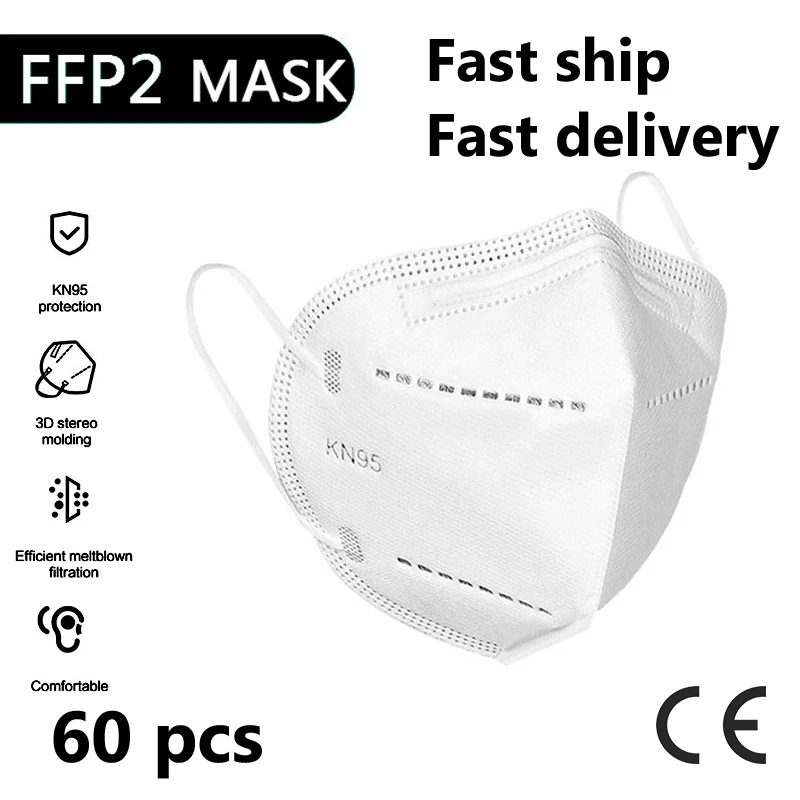 60 PCS FFP2 KN95 Face Mask CE Covers Mouth face mask Mascarillas kn95 Respirator ffp2 Reusable Health Disposal | Красота и здоровье