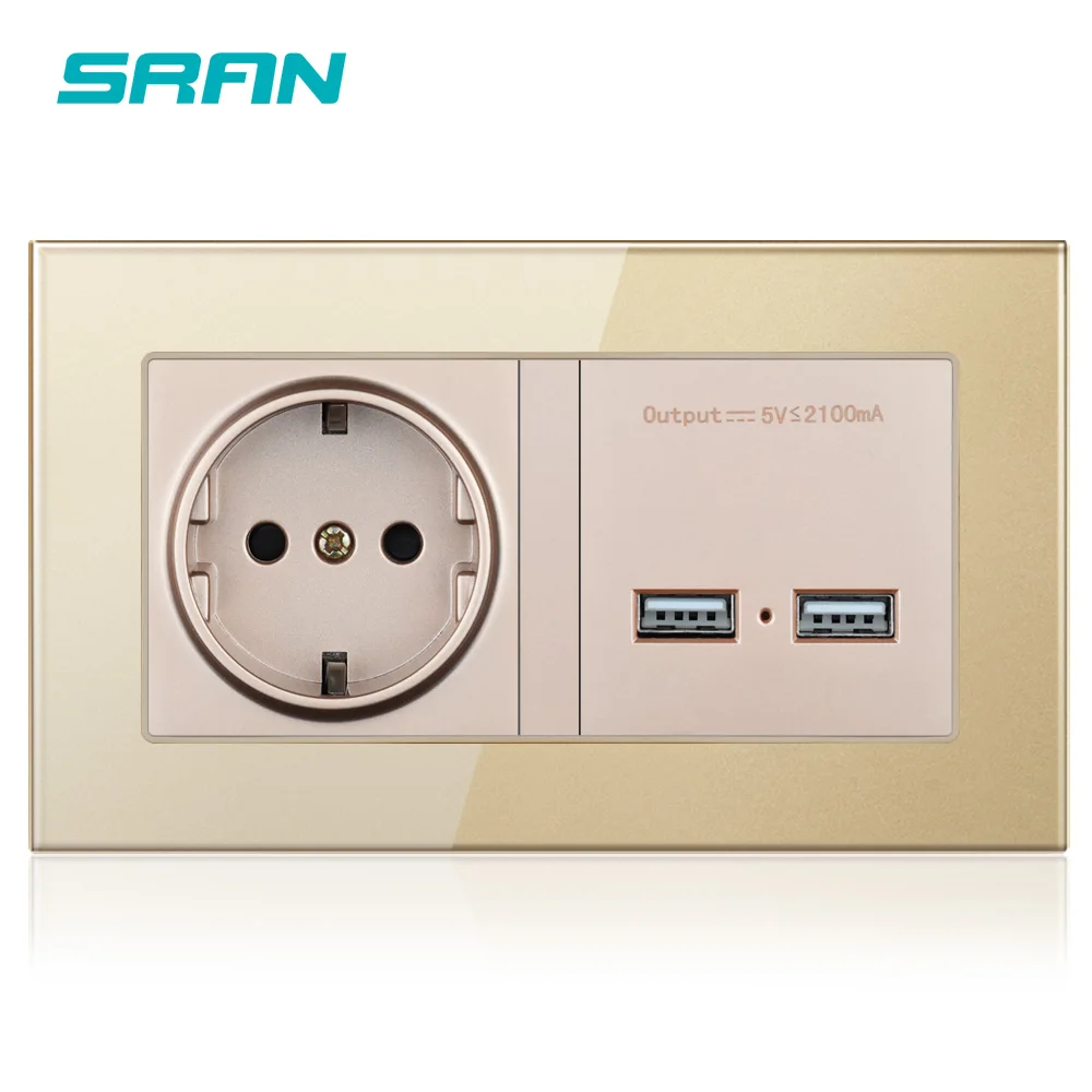 Gold 146 A6 SRAN USB быстрый интерфейс охра Черный цвет европейский стандарт розетка 146*86 мм украшение дома розетка с USB стеклянной панелью - Тип: Gold 146 A6