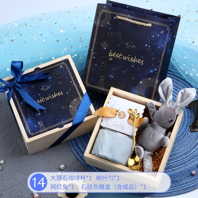 birthday gift for girlfriend boyfriend pink blue Ceramic cup handkerchief brooch Thanksgiving Christmas return gifts for wedding - Цвет: full set N