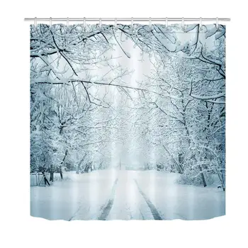 

Winter Shower Curtain Set Snow Landscape Road Bathroom Curtain Hooks Included Waterproof Polyester Fabric Bathtub Curtain