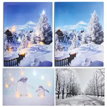 

Nordic Road Snow LED Light Painting Canvas Painting Wall Art Print for Home Living Room Decorative Wall Pictures With Hooks
