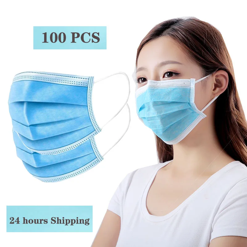 

100 masks,CE one-time anti-virus, anti bacteria, 3-layer filtration, dust-proof ear hook, non-woven fabric masks, super shipping