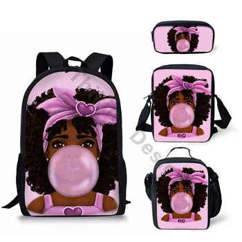 

THIKN Hot Theme African Girls Print School Bag with Mini Bags Set/4Pcs for Boys Student Bookbag Teen Custom Pattern Backpack