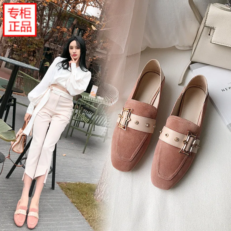 

2019 Spring New Style Korean-style Square Head Shoes Women's Fashion Flat Versatile Nubuck Leather Pink Slip-on Man-made Diamond