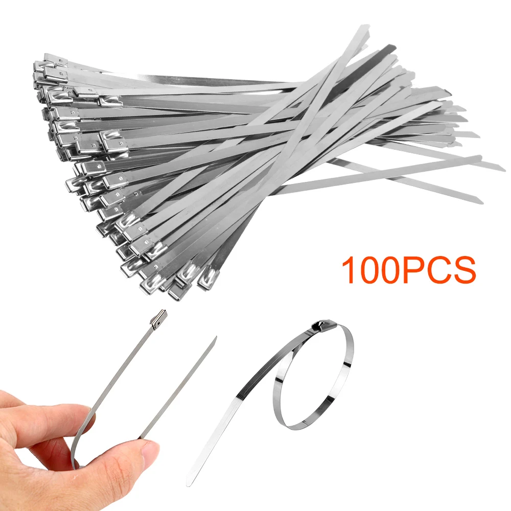 100Pc Stainless Steel 4.6x15/20/30cm Exhaust Wrap Coated Locking Cable Tie Tools 
