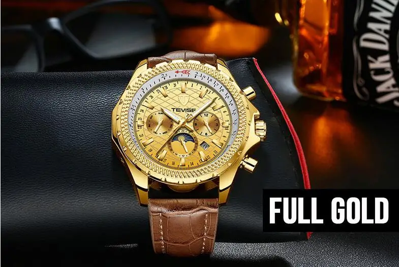 Automatic Mechanical Mens Watches Top Brand Luxury Golden Clock Moon Phase Date Stainless Steel Strap Military Wristwatch