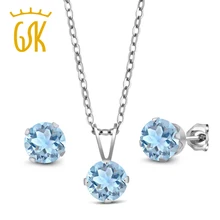 GemStoneKing 2,25 карат круглый натуральный Небесно-Голубой Аквамарин свадебные ювелирные комплекты для невест 925 пробы Серебряный кулон серьги набор
