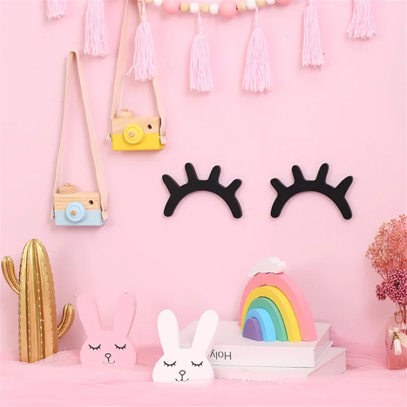 2pcs Eyelash Wall Sticker Living Room Decoration DIY Craft Cartoon 3D Wood Wall Stickes DIY Cute Eyelash Closed Eye Home Decal