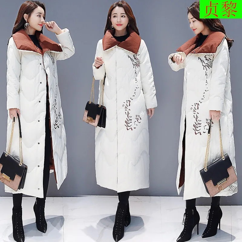 

2018 Winter New Style WOMEN'S Dress China Ethnic-Style Embroidered Exta-long over-the-Knee Cotton-padded Jacket down Jacket Cott