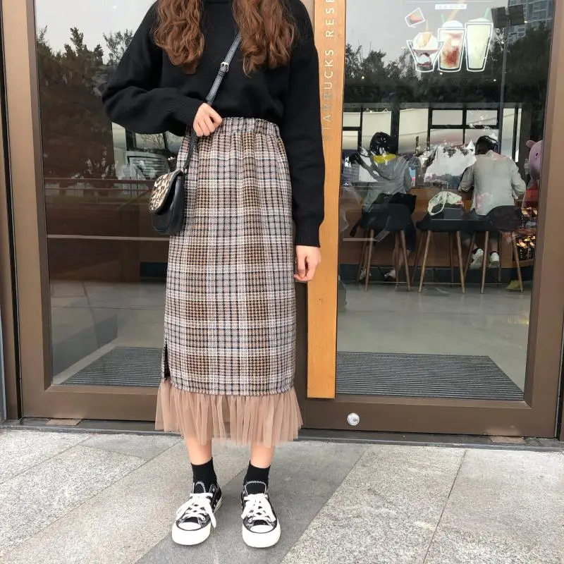 khaki small plaid Весна осень Женская длинная юбка винтажная клетчатая Лоскутная Сетка подол миди шерстяные юбки Эластичная Высокая талия jupe femme милые saia - Цвет: khaki small plaid