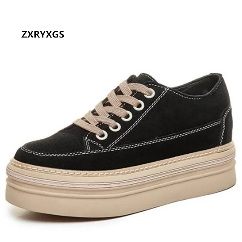 Promotion 2022 New Autumn Lace-up Frosted Cowhide Leather Shoes Women Sneakers Platform Increase Wedges Casual | Обувь