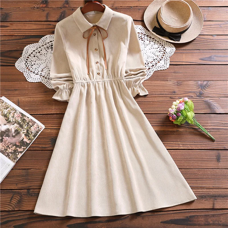 

Mori girl cute sweet solid beige dress autumn fashion long sleeve dress for women