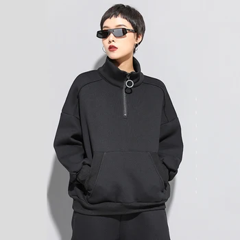 

Loose Fit Black Split Oversized Sweatshirt New Stand Collar Long Sleeve Women Big Size Fashion Spring Autumn 2020