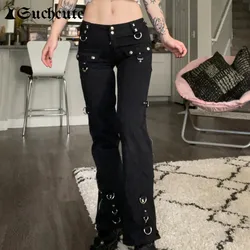 Suchcute rebites do punk zíper preto reta calças de brim gótico cintura baixa calças de brim feminino estético streetwear escuro academia