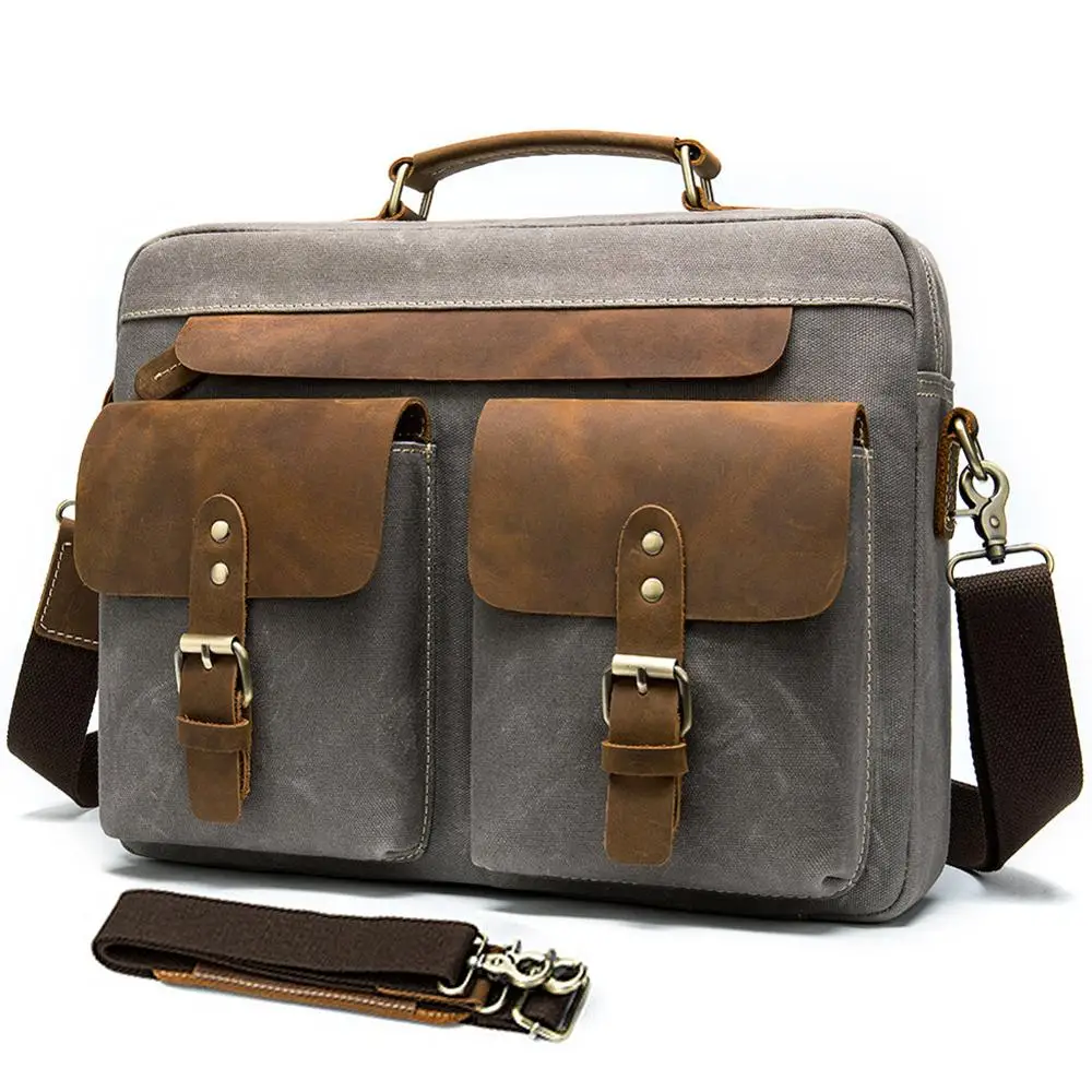 

NEW 14"Messenger Bag Vintage Canvas and leather Waterproof Briefcase Large Travel Laptop Shoulder Bag for Men