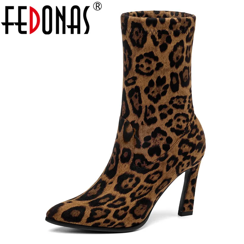 

FEDONAS Women Sexy Leopard High Heels Flock Mid-calf Boots Pointed Toe Prom Night Club Shoes Woman New Warm Winter Chelsea Boots