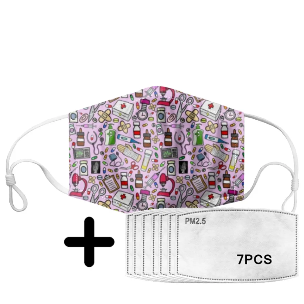 

New Stlye Mask Cartoon Medical Elements Print For Kids Add In With 7PCS PM2.5 Filters Unisex Elastic Soft Windproof Masks Masque