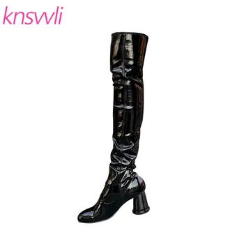 

New Water Cup Strange Style Heel Over The Knee Boots Women Patent leather Chunky Heel Shoes Woman Motorcycle Boots Zapatos
