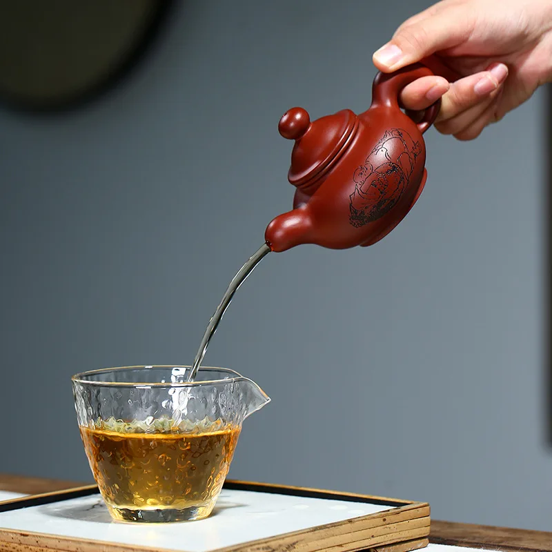 Dahongpao Carved and Painted Taohong Teapot, Zisha Teapot, Yixing Handmade Pot, Kung-Fu Teaware, Purple Clay Drinkware for Puer