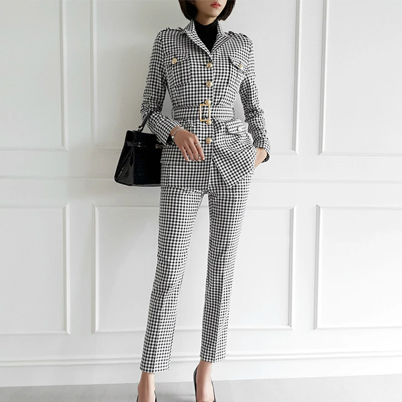 

2019 New Arrival Dropshipping Print Houndstooth Winter Two Piece Set for Femme Singer Button Blazer with Sashes and Sheath Pants