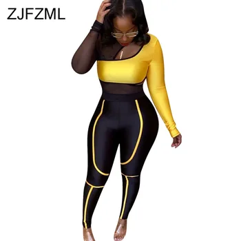 

Mesh Spliced Sexy 2 Piece Set Women Long Sleeve Hollow Out Cropped T-Shirt and High Waist Skinny Pants Transparent Club Outfits