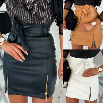 

Hot Fashion Skirt Women High Waist Zipper PU Leather Sexy Package Hip Skirt Ladies Girls Preppy Lace Up Mini Skirt 3 Colors