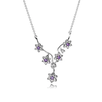 

Original 925 Sterling Silver Forget Me Not Blooms Flower Crystal Pendant Europe Necklace Women Beads Charm Holiday Gift Jewelry
