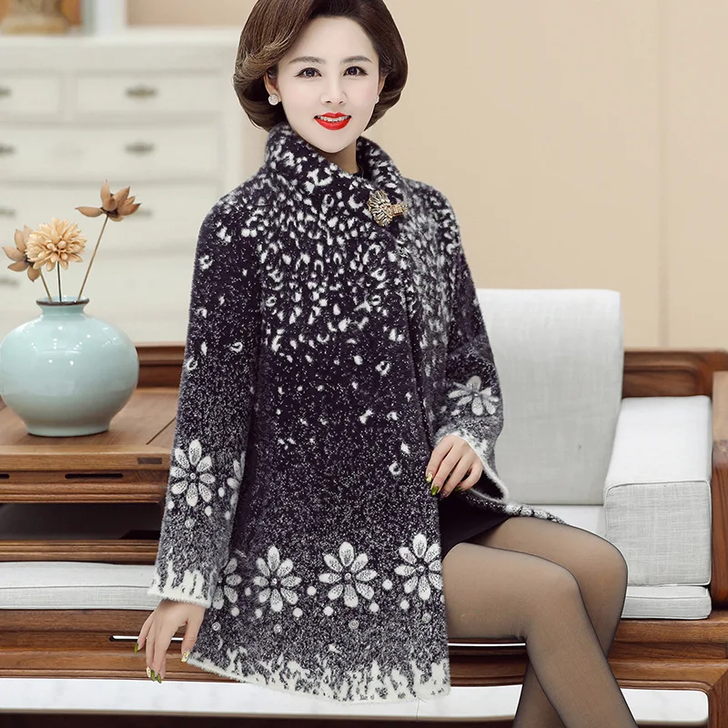 

Middle-aged Plum Mom Winter Mink Cashmere Coat Blouses Mid-length Plus-sized Warm Wool Woolen Overcoat