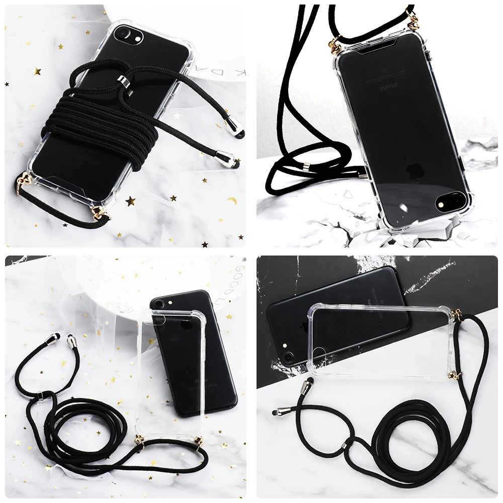 Transparent TPU Phone Case With Lanyard For iPhone 6 6S 8 7 Plus X XS Max XR Case Adjustable Strap Rope Cord Protective Shell