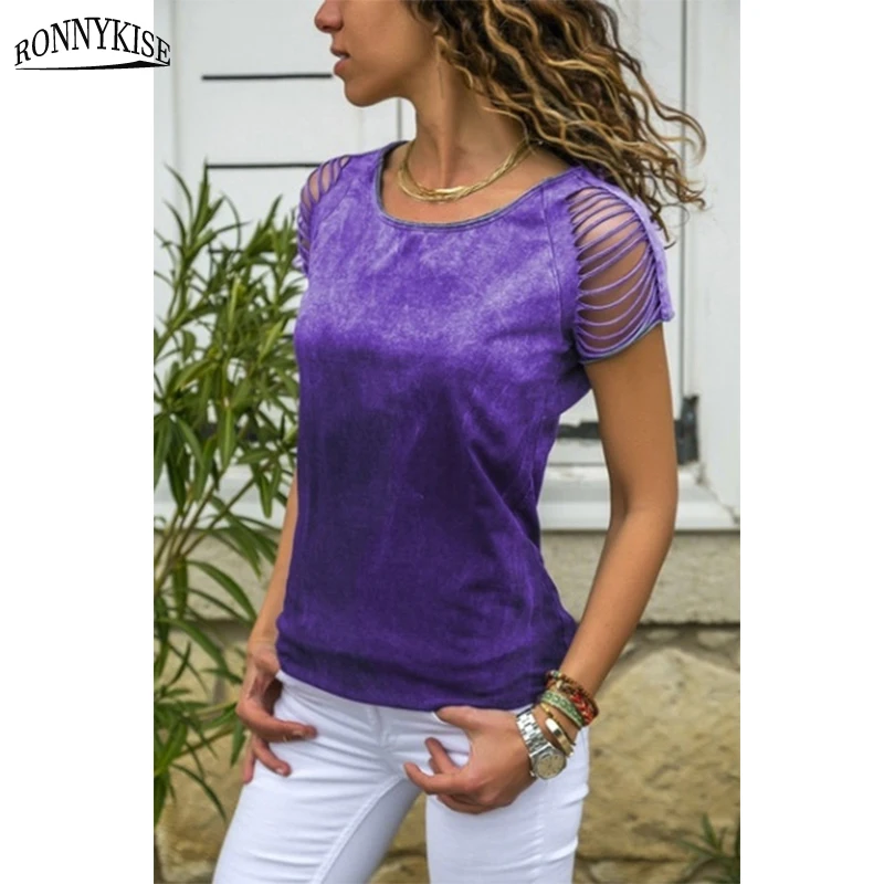 RONNYKISE Модальная ткань футболки женские модные короткий рукав полые повседневные топы летние повседневные свободные рубашки плюс размер S-5XL