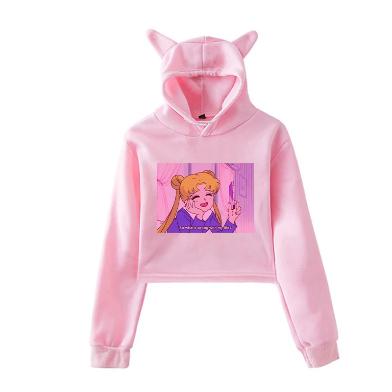 Унисекс с длинным рукавом Короткие толстовки Сейлор Мун эстетические Kawaii кофты осень Забавный пуловер с капюшоном для женщин мужчин хип хоп одежда