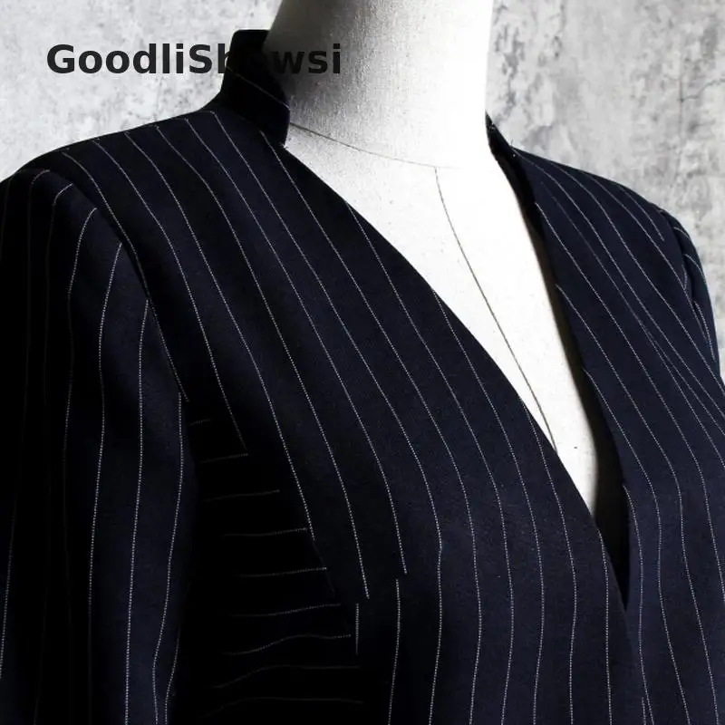 GoodliShowsi, весенние уличные модные блейзеры, лоскутные съемные плиссированные топы с v-образным вырезом, шикарный полосатый костюм с поясом
