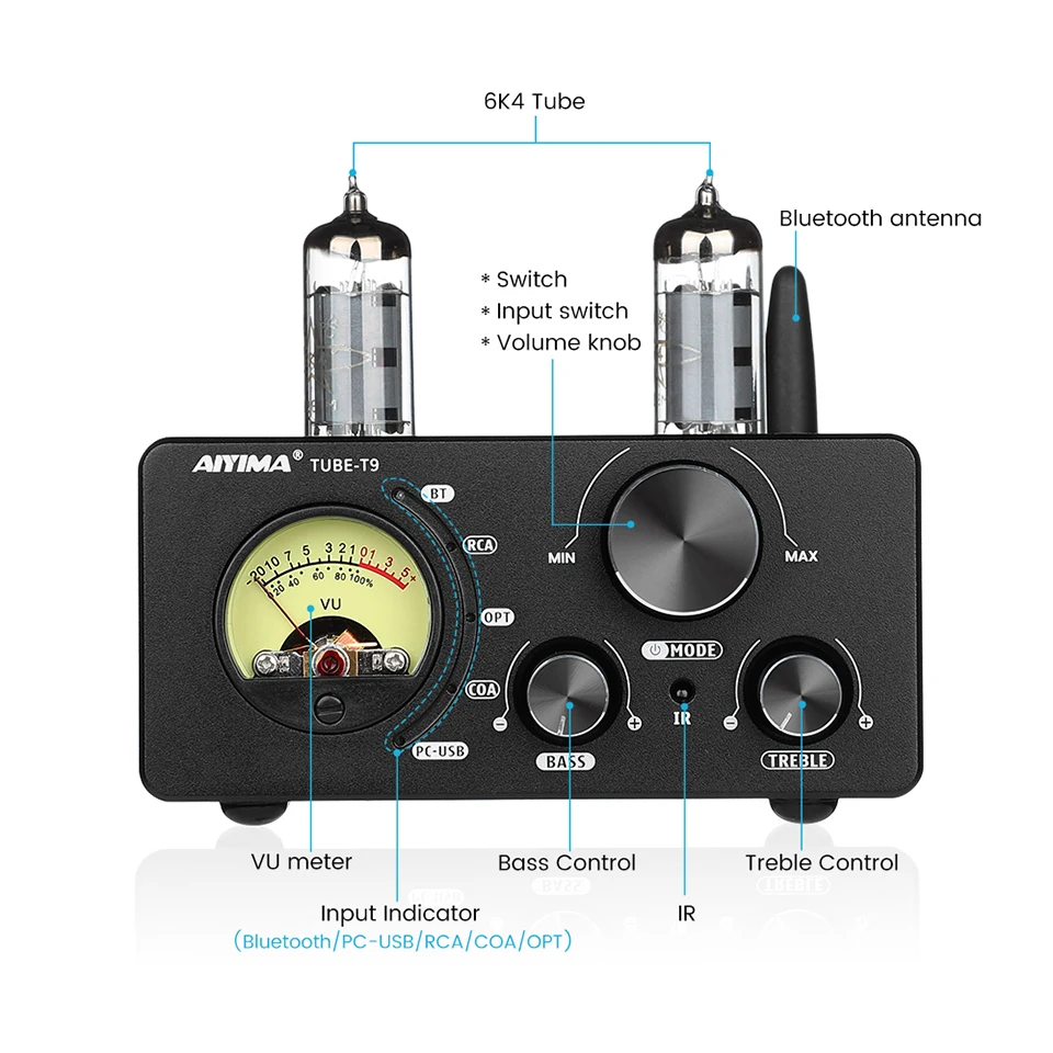 AIYIMA HiFi Tube-T9 BT 5.0 Vacuum Tube Amplifier 100W×2 USB DAC Fiber Coax Decoding Amplifier With VU Meter Home Digital Amp