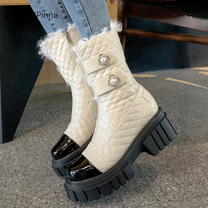 

2020 winter fashion runway women luxury ankle boots patent leather diamond pattern buckle real wool lining fur platform shoes