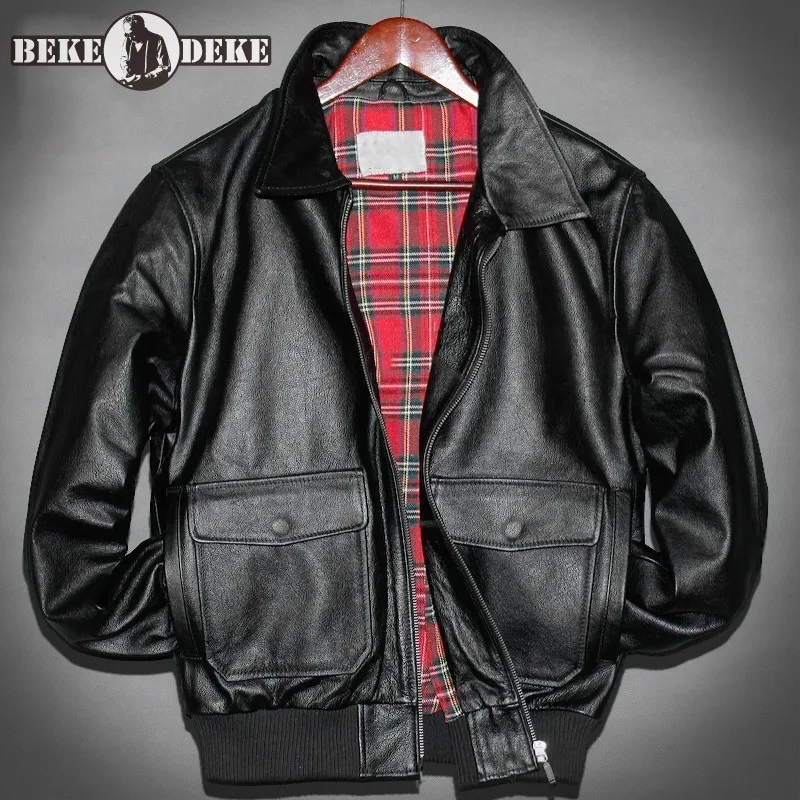 

Fashion Mens Cowhide Leather Pilot Bomer Jacket Office Work Casual Outwear Coat Male Pocket Slim Flight Genuine Leather Jacket