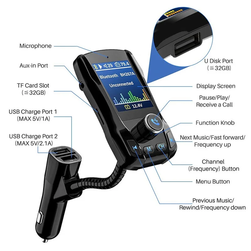 Многофункциональный fm-передатчик беспроводной Bluetooth громкой связи автомобильный комплект 360 Вращающийся Автомобильный MP3 аудио с двойное зарядное устройство usb