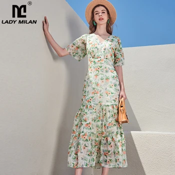 

100% Silk Women's Runway Dresses Sexy V Neck Short Sleeves Floral Printed Ruffles Fashion Casual Holiday Dresses